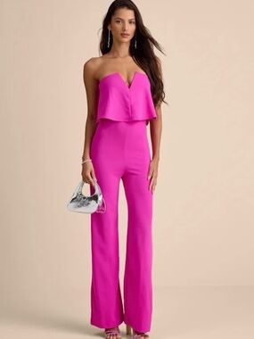 NWT Lulus Power of Love Magenta Strapless Ruffle Wide Leg Jumpsuit L